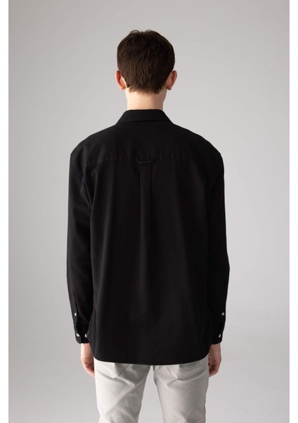%100 Pamuk Relax Fit Polo Yaka Gabardin Uzun Kollu Siyah Gömlek C1477AX24SP