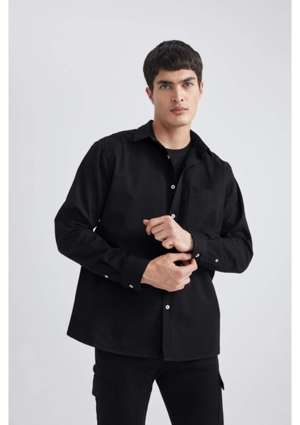 %100 Pamuk Relax Fit Polo Yaka Gabardin Uzun Kollu Siyah Gömlek C1477AX24SP