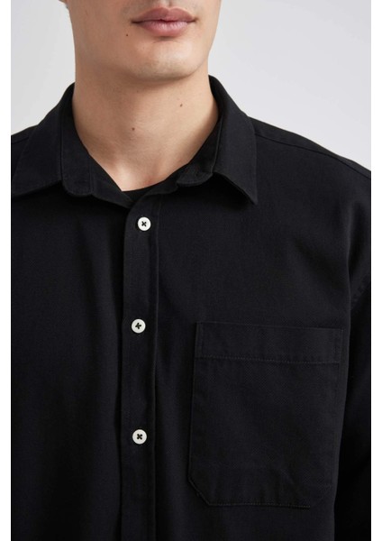 %100 Pamuk Relax Fit Polo Yaka Gabardin Uzun Kollu Siyah Gömlek C1477AX24SP