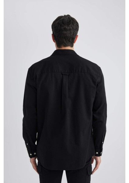 %100 Pamuk Relax Fit Polo Yaka Gabardin Uzun Kollu Siyah Gömlek C1477AX24SP