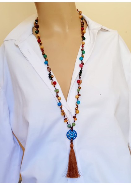 Tibet Süryani Taşı ve Doğal Taş Detaylı Uzun Kolye – Ipek Püsküllü, El Yapımı Tasarım