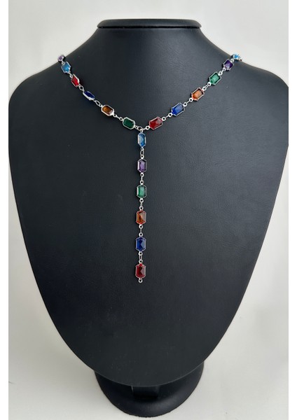 Renkli Dikdörtgen Taşlı Dekolte Y Kolye (56CM)