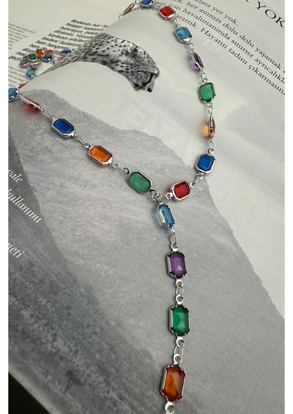 Renkli Dikdörtgen Taşlı Dekolte Y Kolye (56CM) fiyatları