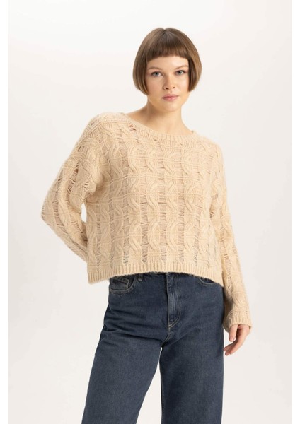 Relax Fit Bisiklet Yaka Ajur Triko Kazak