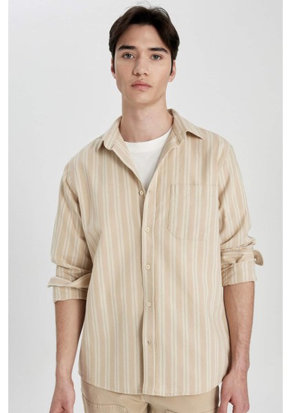 Regular Fit Waffle Çizgili Pamuklu Uzun Kollu Gömlek B2902AX24SP