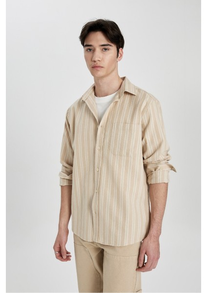 Regular Fit Waffle Çizgili Pamuklu Uzun Kollu Gömlek B2902AX24SP