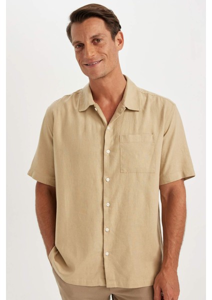 Relax Fit Yazlık Polo Yaka Keten Karışımlı Kısa Kollu Gömlek C1110AX24SM