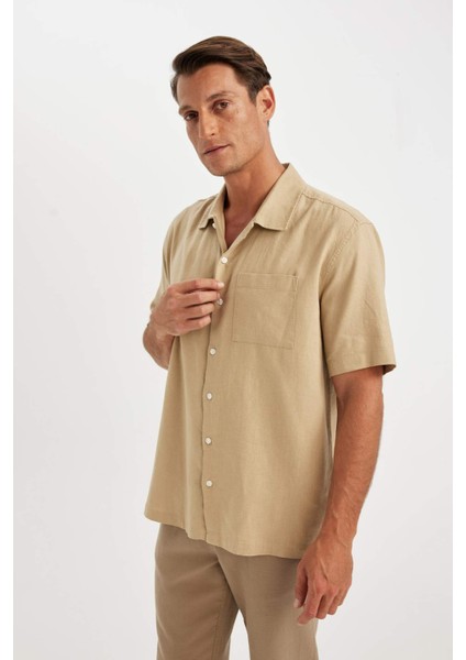 Relax Fit Yazlık Polo Yaka Keten Karışımlı Kısa Kollu Gömlek C1110AX24SM