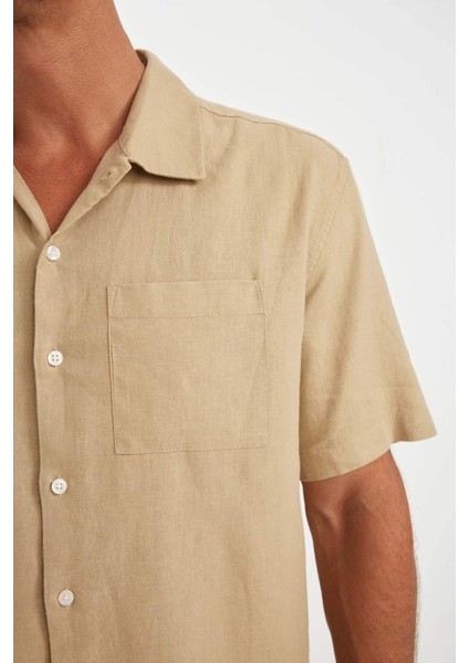 Relax Fit Yazlık Polo Yaka Keten Karışımlı Kısa Kollu Gömlek C1110AX24SM