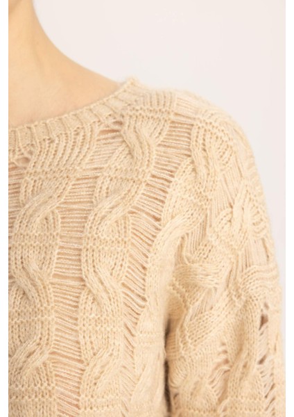 Relax Fit Bisiklet Yaka Ajur Triko Kazak