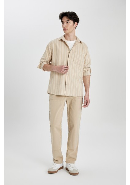 Regular Fit Waffle Çizgili Pamuklu Uzun Kollu Gömlek B2902AX24SP