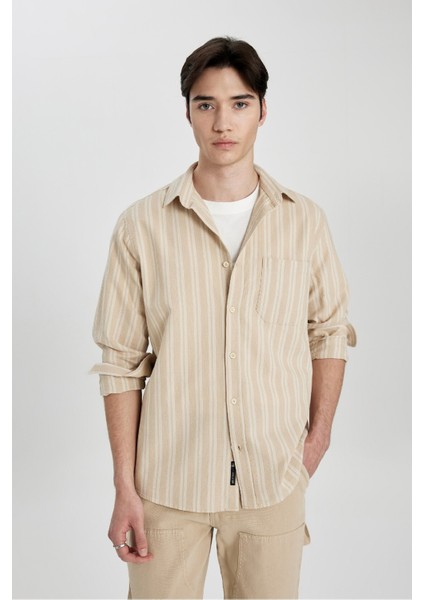 Regular Fit Waffle Çizgili Pamuklu Uzun Kollu Gömlek B2902AX24SP