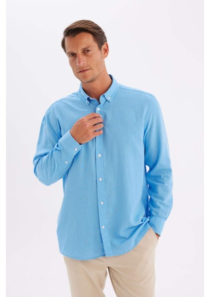 Relax Fit Polo Yaka Keten Karışımlı Pamuklu Uzun Kollu Gömlek C1106AX24SM