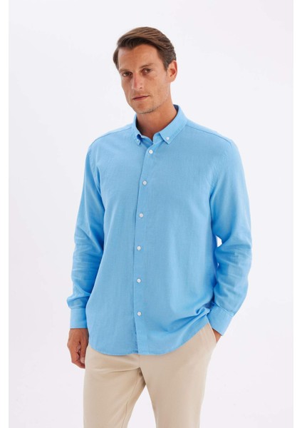 Relax Fit Polo Yaka Keten Karışımlı Pamuklu Uzun Kollu Gömlek C1106AX24SM