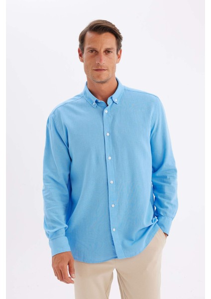 Relax Fit Polo Yaka Keten Karışımlı Pamuklu Uzun Kollu Gömlek C1106AX24SM