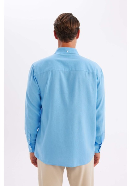 Relax Fit Polo Yaka Keten Karışımlı Pamuklu Uzun Kollu Gömlek C1106AX24SM