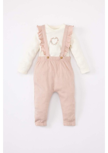 Kız Bebek 2'li Takım Uzun Kollu Tişört Krinkıl Kumaş Salopet