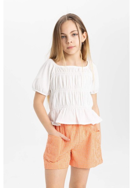 Kız Çocuk Kareli Paperbag Şort
