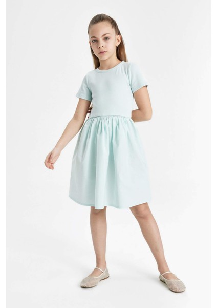 Kız Çocuk Bisiklet Yaka Pamuklu Kısa Kollu Yazlık Elbise C2179A824SM