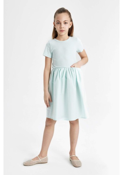 Kız Çocuk Bisiklet Yaka Pamuklu Kısa Kollu Yazlık Elbise C2179A824SM