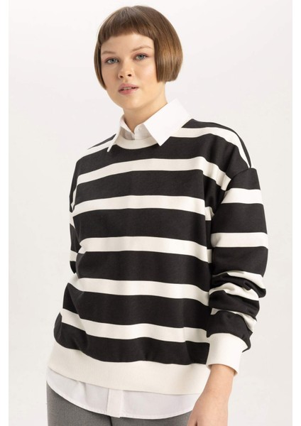 Relax Fit Bisiklet Yaka Çizgili Kalın Sweatshirt