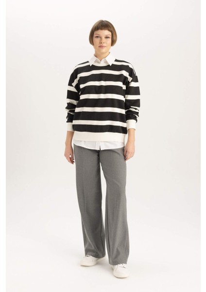 Relax Fit Bisiklet Yaka Çizgili Kalın Sweatshirt