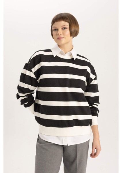 Relax Fit Bisiklet Yaka Çizgili Kalın Sweatshirt