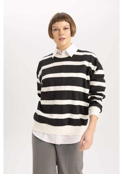 Relax Fit Bisiklet Yaka Çizgili Kalın Sweatshirt