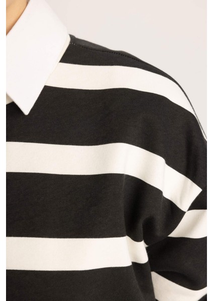 Relax Fit Bisiklet Yaka Çizgili Kalın Sweatshirt