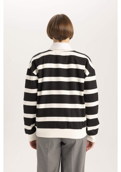 Relax Fit Bisiklet Yaka Çizgili Kalın Sweatshirt