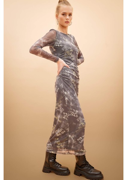 Coool Bodycon Desenli Tül Uzun Kollu Maxi Elbise C1891AX24SP