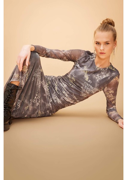 Coool Bodycon Desenli Tül Uzun Kollu Maxi Elbise C1891AX24SP