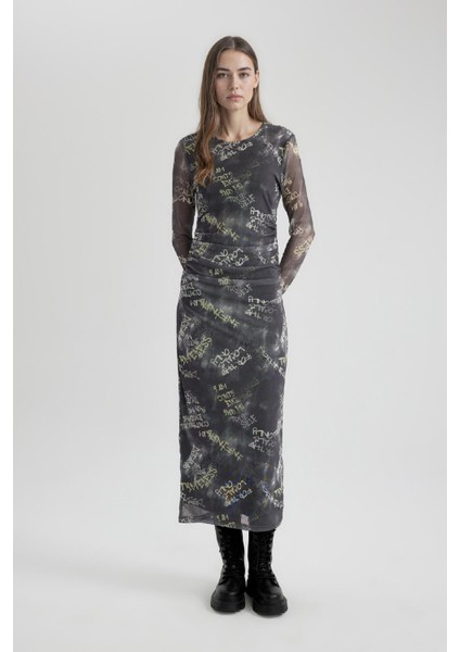 Coool Bodycon Desenli Tül Uzun Kollu Maxi Elbise C1891AX24SP