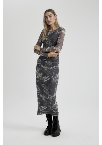 Coool Bodycon Desenli Tül Uzun Kollu Maxi Elbise C1891AX24SP