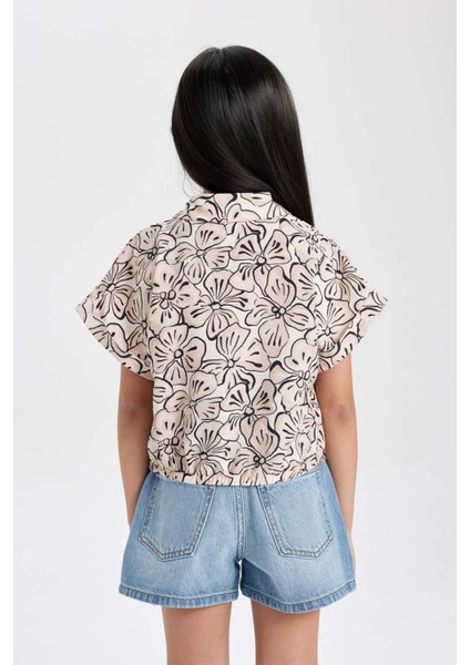 Kız Çocuk Crop Kısa Kollu Desenli Gömlek B5064A824SM