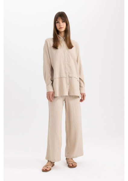 Wide Leg Geniş Bol Paça Beli Lastikli Basic Düz Muslin Pantolon