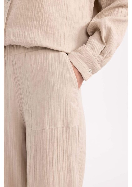 Wide Leg Geniş Bol Paça Beli Lastikli Basic Düz Muslin Pantolon