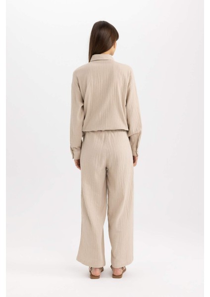 Wide Leg Geniş Bol Paça Beli Lastikli Basic Düz Muslin Pantolon