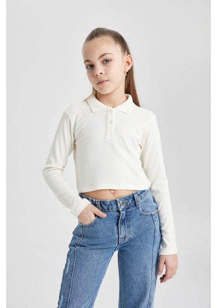 Kız Çocuk Polo Yaka Ribana Uzun Kollu Basic Düz Tişört B7407A824SP