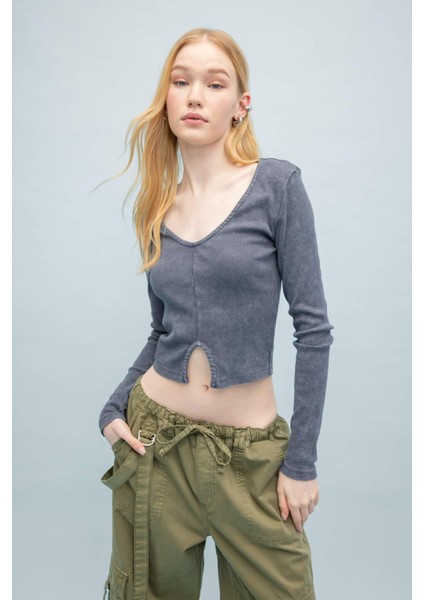 Coool Fitted Uzun Kollu Yıkamalı Soluk Efektli Tişört C2095AX24SP