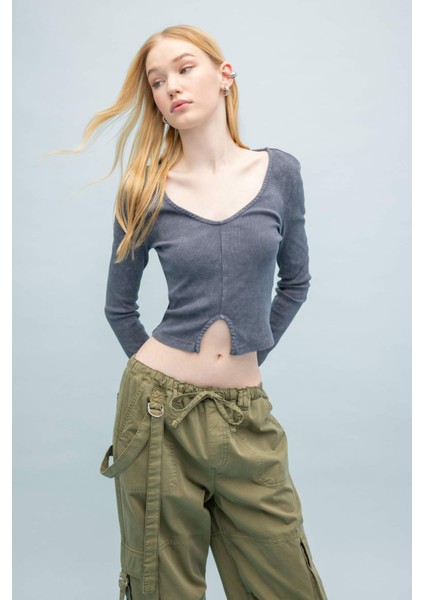 Coool Fitted Uzun Kollu Yıkamalı Soluk Efektli Tişört C2095AX24SP