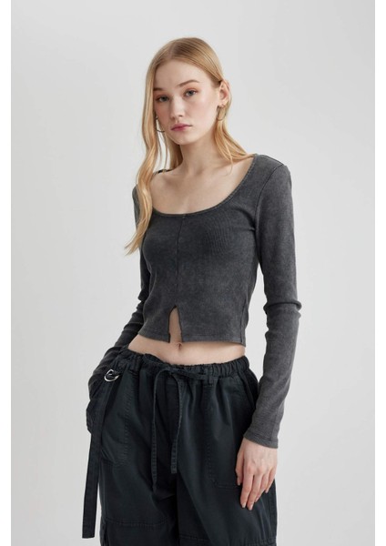 Coool Fitted Uzun Kollu Yıkamalı Soluk Efektli Tişört C2095AX24SP