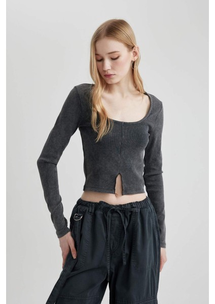 Coool Fitted Uzun Kollu Yıkamalı Soluk Efektli Tişört C2095AX24SP