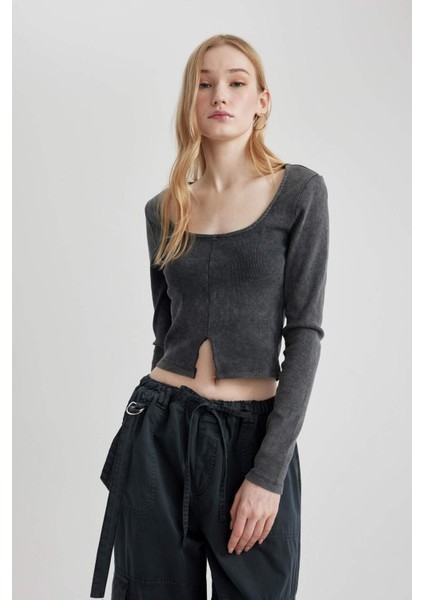 Coool Fitted Uzun Kollu Yıkamalı Soluk Efektli Tişört C2095AX24SP