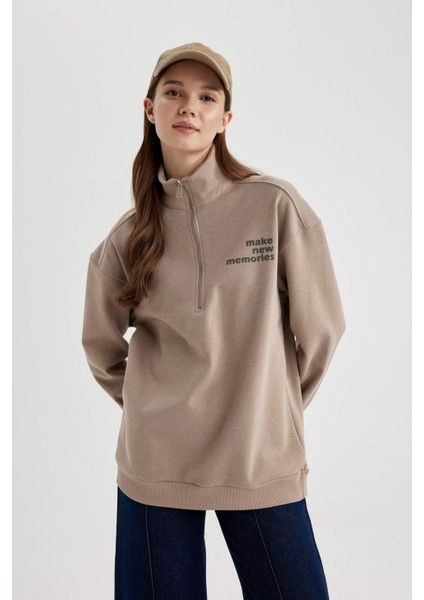 Regular Fit Fermuarlı Dik Yaka Baskılı İçi Yumuşak Tüylü Kalın Sweatshirt Tunik B9300AX24SP