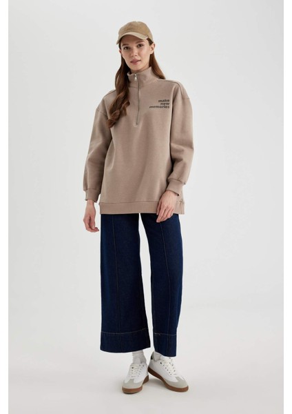 Regular Fit Fermuarlı Dik Yaka Baskılı İçi Yumuşak Tüylü Kalın Sweatshirt Tunik B9300AX24SP
