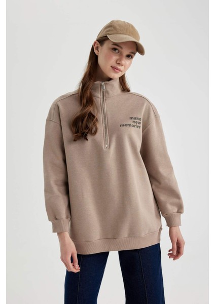 Regular Fit Fermuarlı Dik Yaka Baskılı İçi Yumuşak Tüylü Kalın Sweatshirt Tunik B9300AX24SP