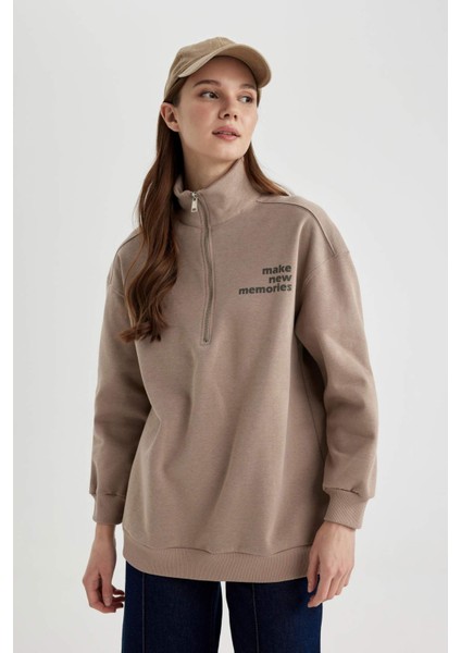 Regular Fit Fermuarlı Dik Yaka Baskılı İçi Yumuşak Tüylü Kalın Sweatshirt Tunik B9300AX24SP