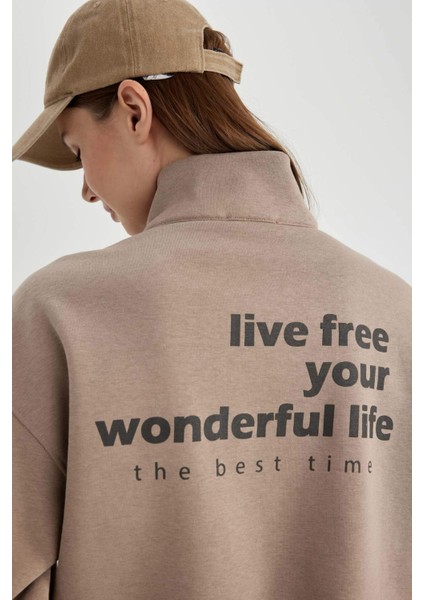 Regular Fit Fermuarlı Dik Yaka Baskılı İçi Yumuşak Tüylü Kalın Sweatshirt Tunik B9300AX24SP