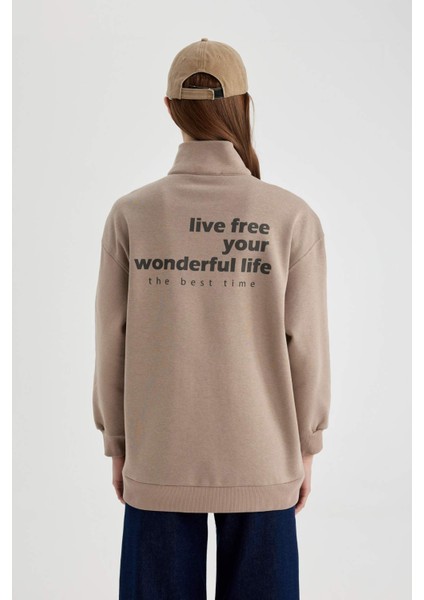 Regular Fit Fermuarlı Dik Yaka Baskılı İçi Yumuşak Tüylü Kalın Sweatshirt Tunik B9300AX24SP